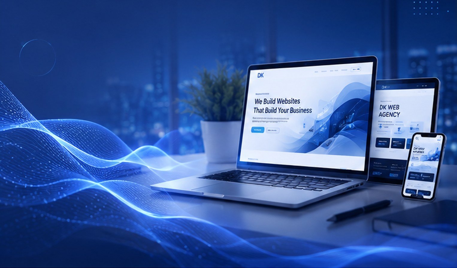 Modern website shown on laptop, tablet and phone